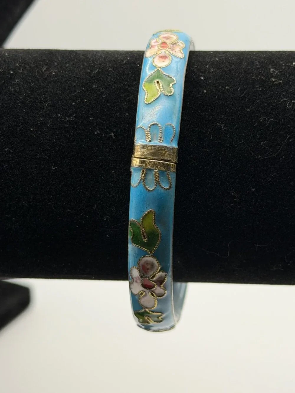 VTG Cloisonné Bracelet Bangle Cobalt Blue Enamel Gold Floral Hinged 3